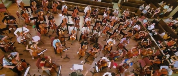 Overhead of cello orchestra