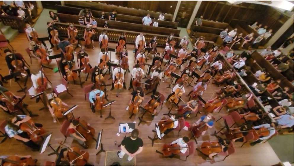 sheepPomona Overhead shot of cello orchestra